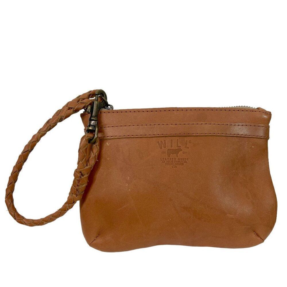 Will Leather Goods Eugene Oregon Tan Leather Zip Pouch 8" x 6" w/ Braided Strap